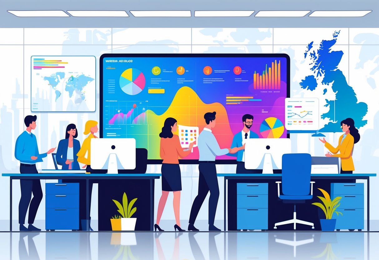 A team of creative professionals working together around a digital screen showing colourful animated graphics in a modern office with a view of the UK map.