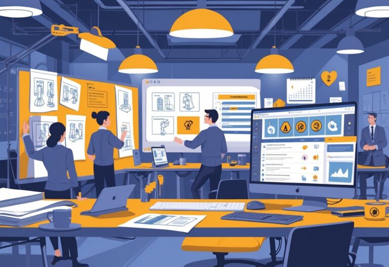 A team of professionals collaborating in a modern studio to create an animated safety video, showing storyboarding, animation, and review stages.