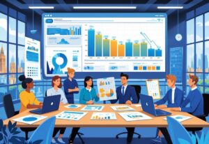 A team of professionals working together in an office with animation sketches, laptops, and budgeting charts, with a view of a UK cityscape in the background.