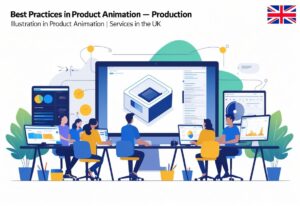 A team of professionals working together in a creative studio on a 3D animated product displayed on a large digital screen, with animation tools and UK-themed elements visible.