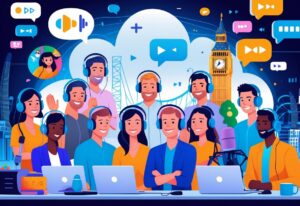A group of podcasters recording in a studio surrounded by animated characters and UK landmarks like the London Eye and Big Ben.
