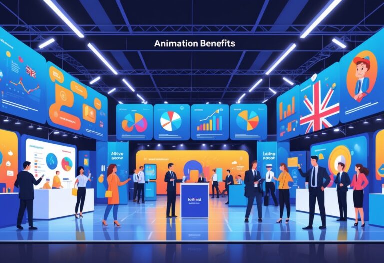 A busy UK trade show with people interacting around booths displaying colourful animated screens and graphics.
