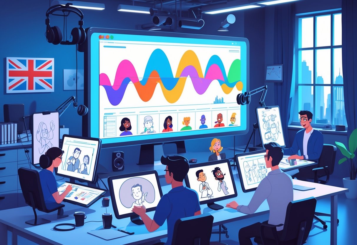 A creative studio with people working on animation and podcast production, showing screens with animated characters and audio equipment, with a view of London outside the window.