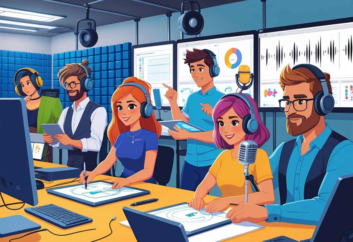 A group of people working together in a studio with animation sketches, audio equipment, and microphones, creating animated characters for podcasts.