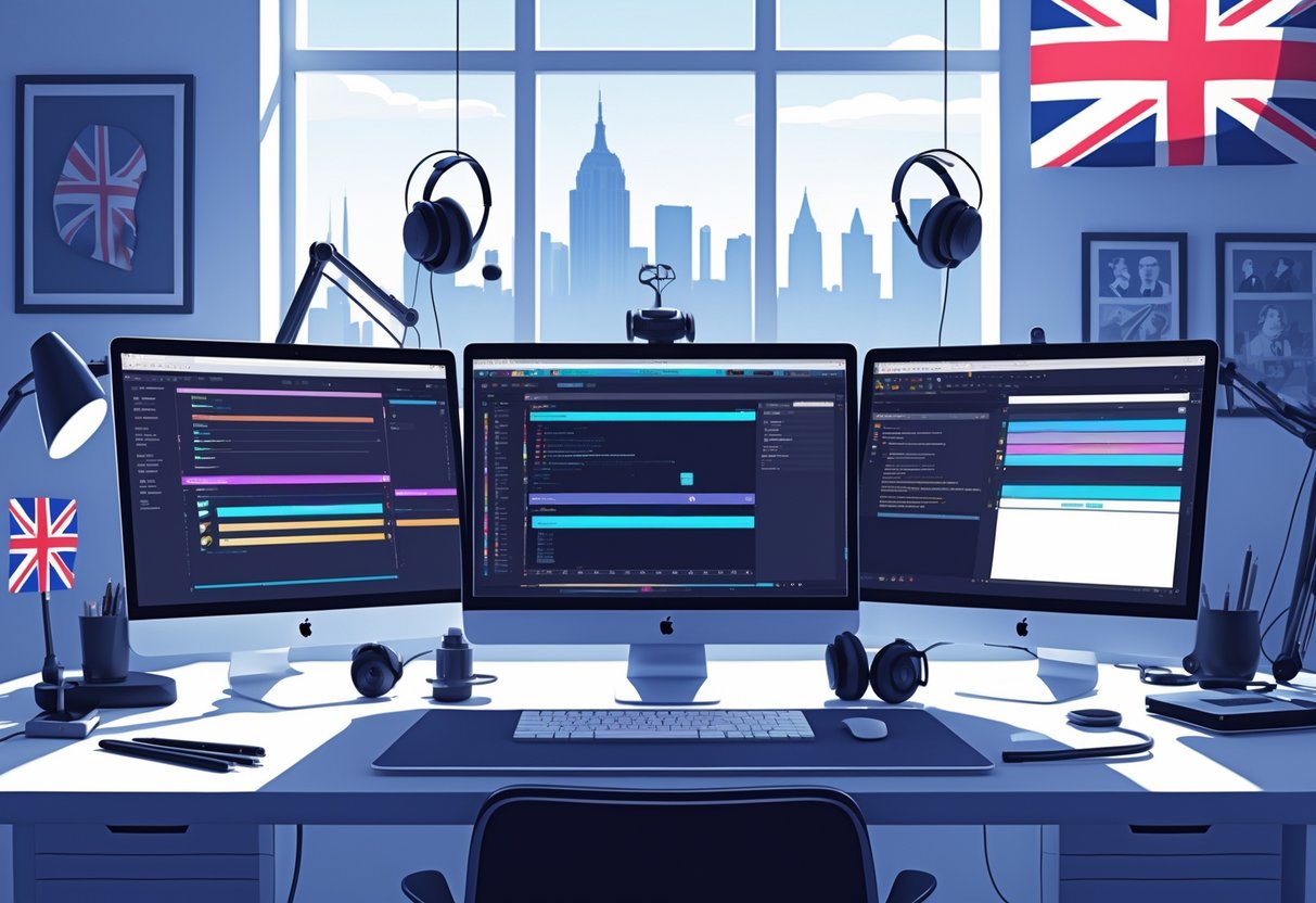 A workspace with computer screens showing animation software, drawing tablets, headphones, and microphones, with a window view of a UK cityscape.