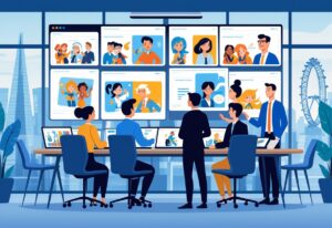 People in an office reviewing animation storyboards and digital screens with animated characters, with a view of London landmarks outside the window.