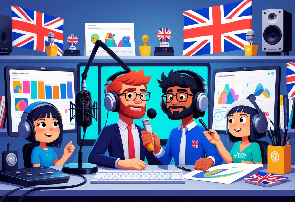 A creative studio with people and animated characters working together on podcast recording and animation projects, surrounded by equipment and UK-themed items.