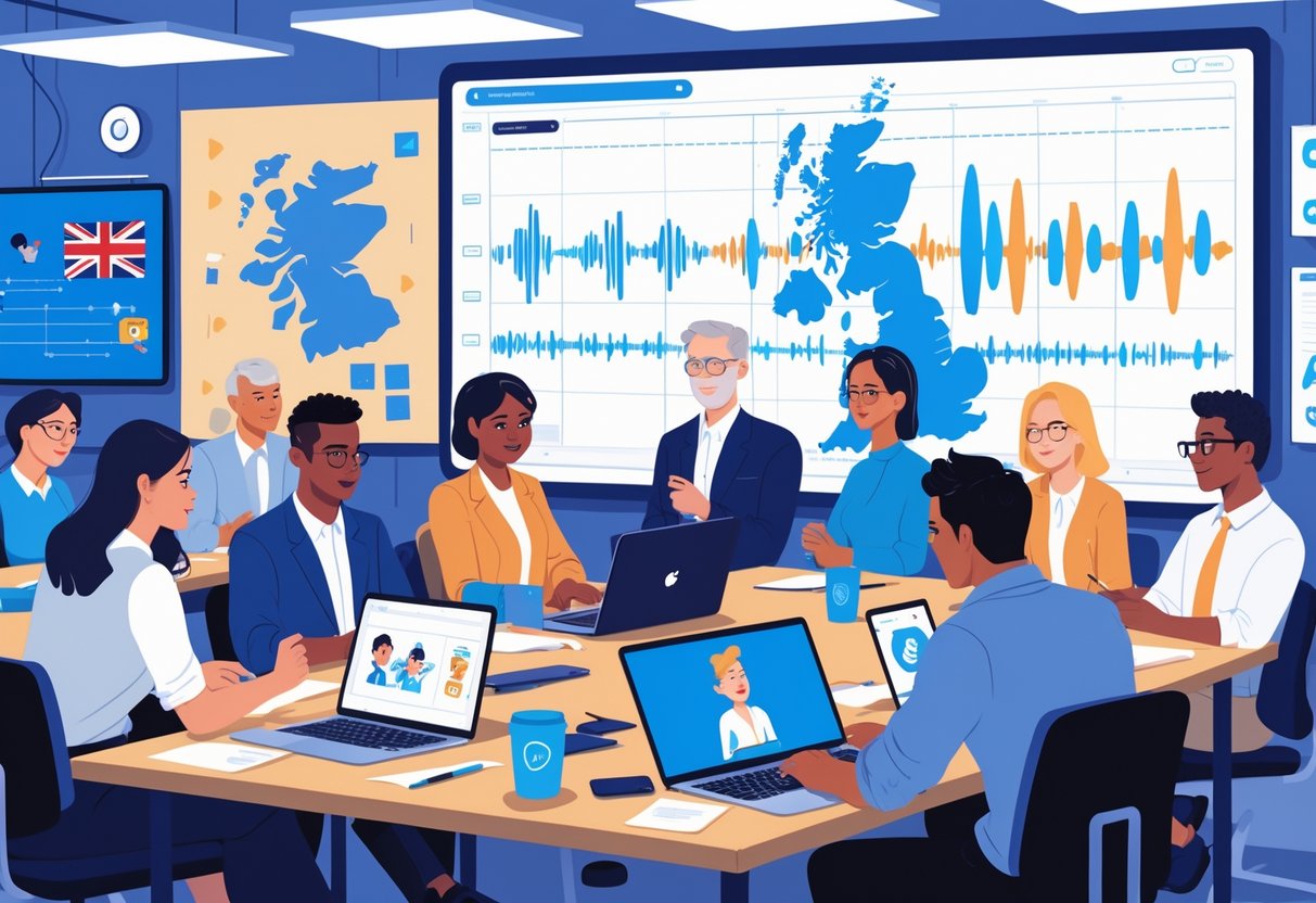 A group of adults in a classroom using laptops and graphic tablets to learn animation techniques for podcasts, with a screen showing animation timelines and sound waves.