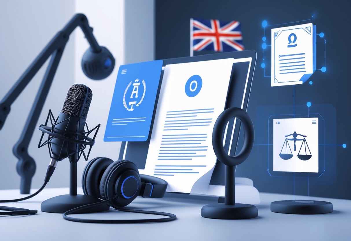 A podcast studio setup with microphone and headphones surrounded by digital icons representing copyright and legal documents, with a British flag in the background.
