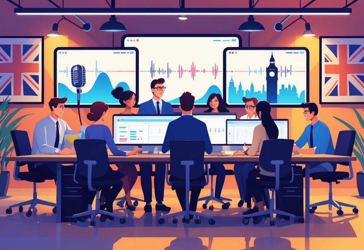 A team of people working together at a desk with laptops and microphones, surrounded by UK-themed decorations and animation visuals.