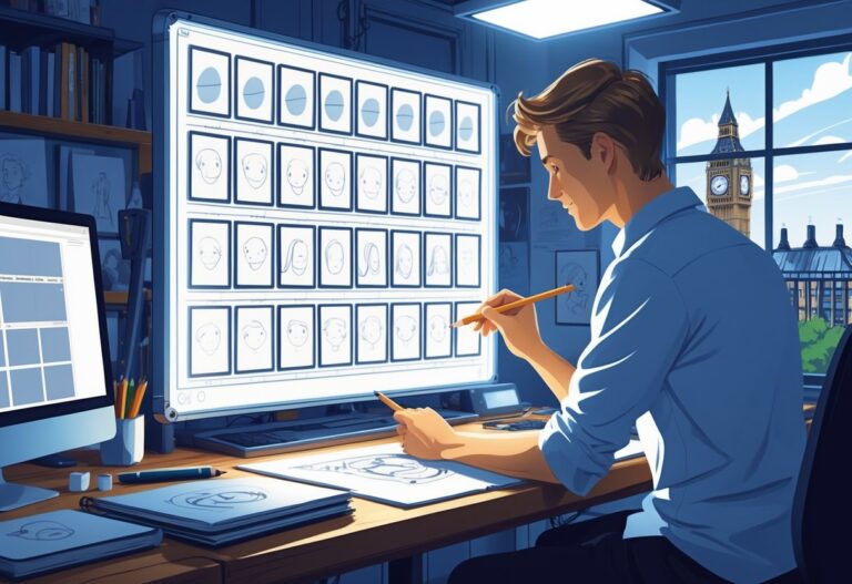 An animator working at a desk with hand-drawn animation frames and tools, with a window showing London landmarks in the background.