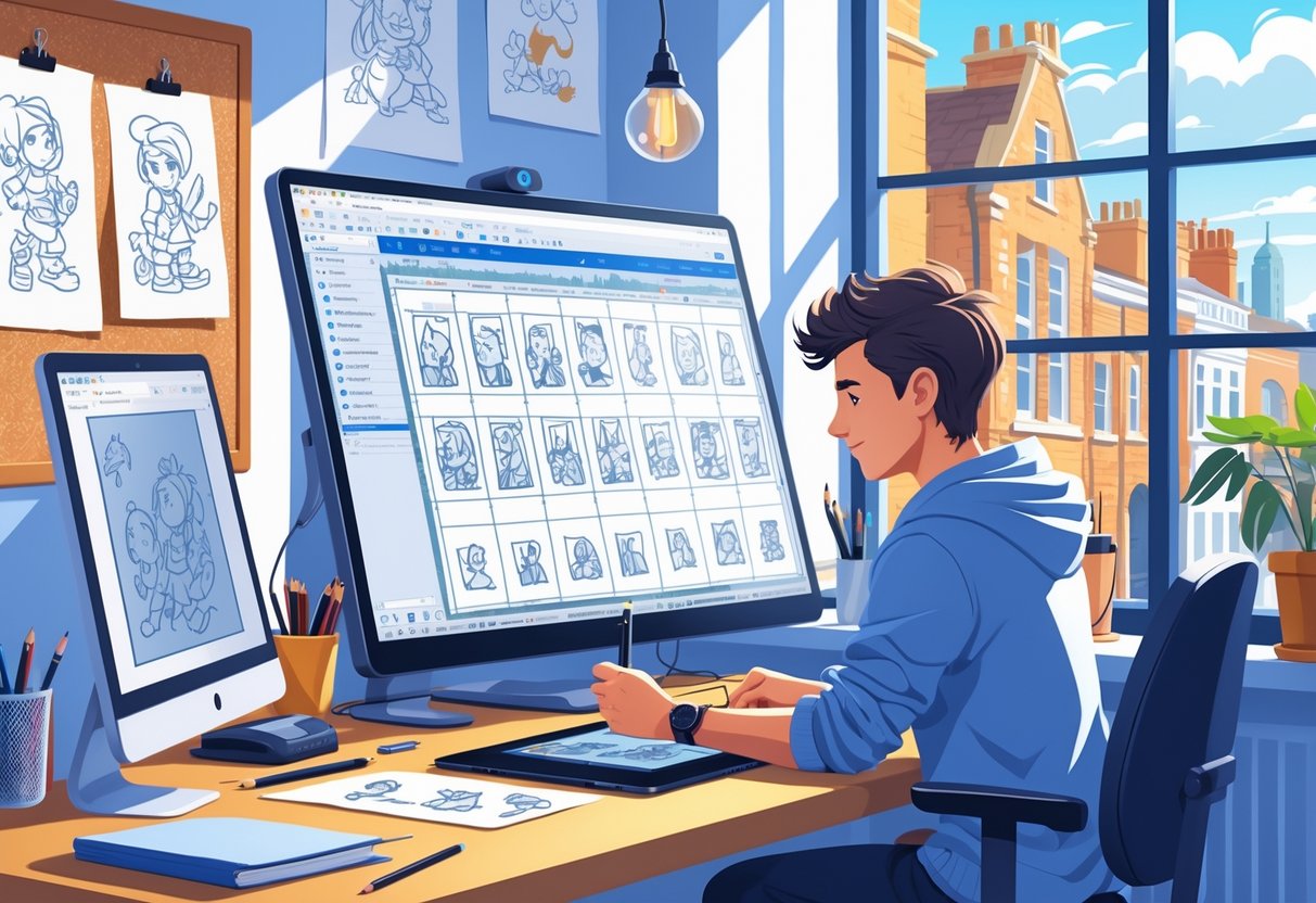 An animator working at a desk with a drawing tablet showing multiple animation frames, surrounded by art tools and sketches in a bright studio with a window overlooking a city.