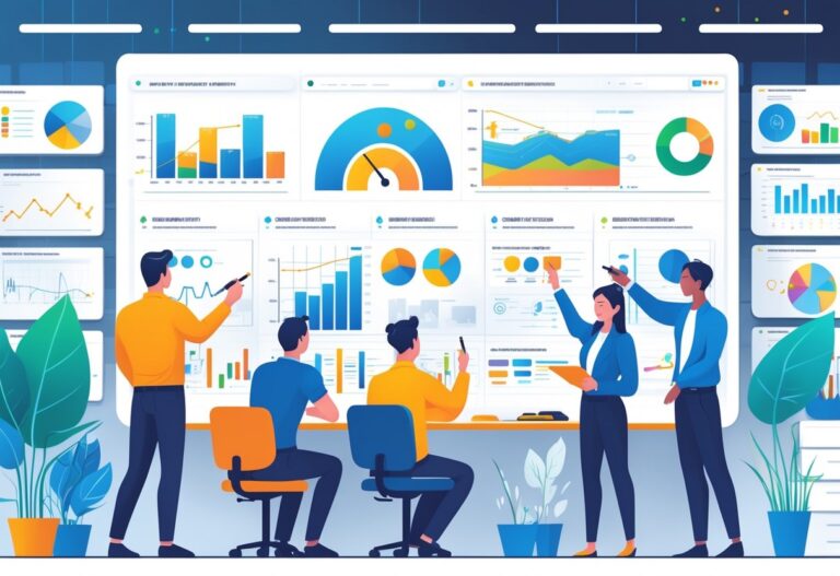 A team of professionals in an office collaborating around a whiteboard covered with sketches and charts, discussing project progress and success metrics.