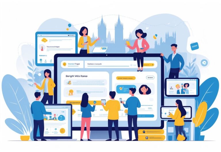 A group of people using laptops, tablets, and smartphones displaying animated content that guides them through a customer onboarding process with UK-themed background elements.