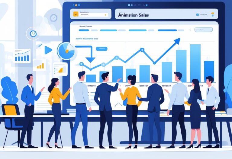A group of business professionals discussing animated sales charts on a large screen in an office setting.