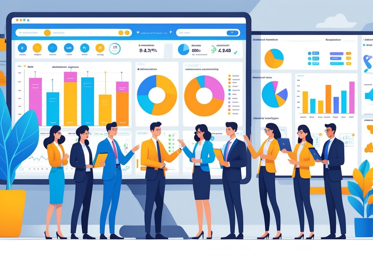 A group of professionals discussing colourful charts and graphs on a large digital dashboard in an office, analysing data related to animation and sales.