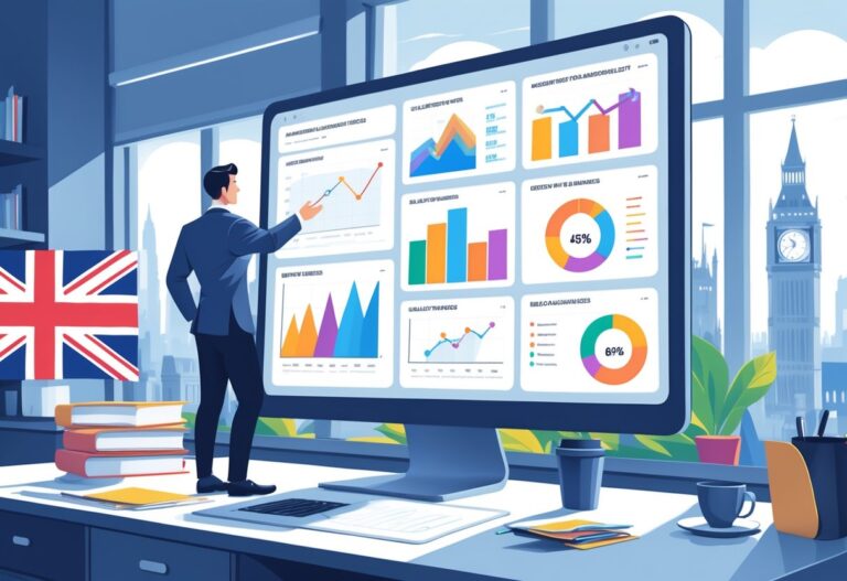A small business owner reviewing charts and graphs about animation performance in a modern office with a view of UK city buildings.