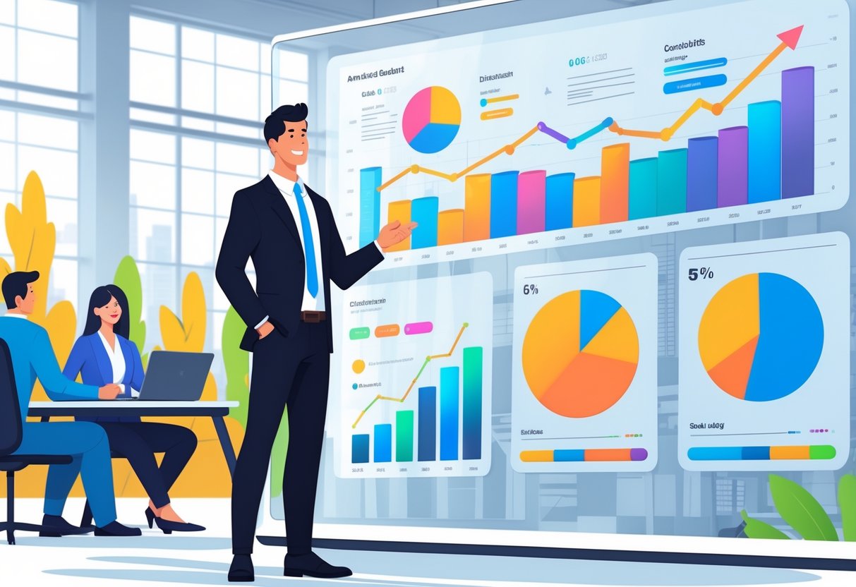 A business analyst reviewing animated sales graphs on a digital screen in a modern office with colleagues working in the background.