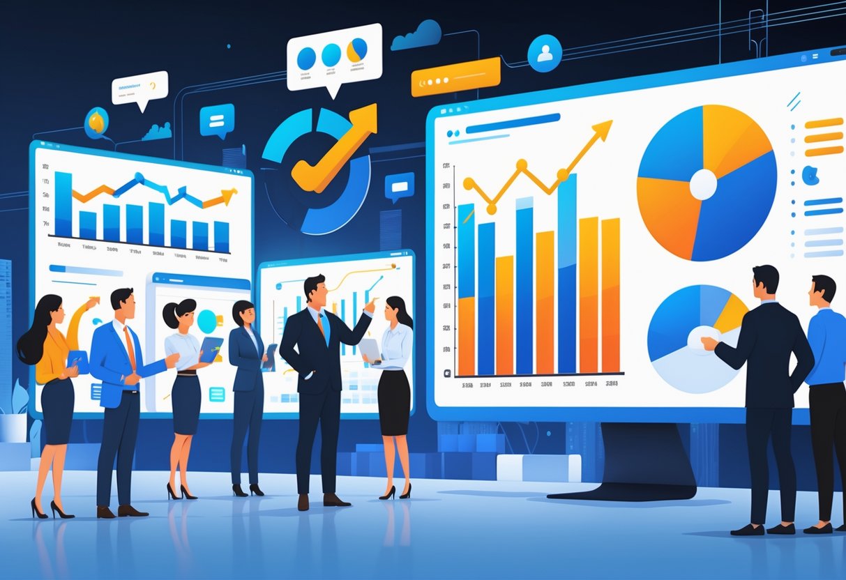 A group of marketing professionals in an office analysing animated sales charts and graphs on large digital screens.