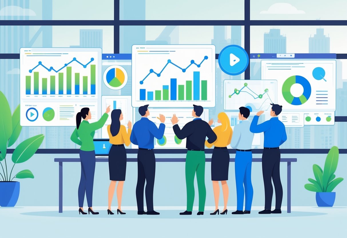 A group of business professionals analysing animated sales charts and graphs on digital screens in a modern office with a city view.