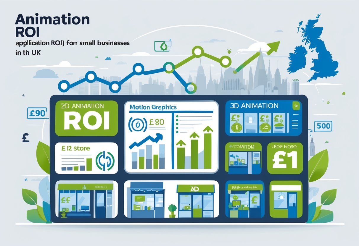 Illustration showing different types of animation linked to financial growth and small business settings in the UK.
