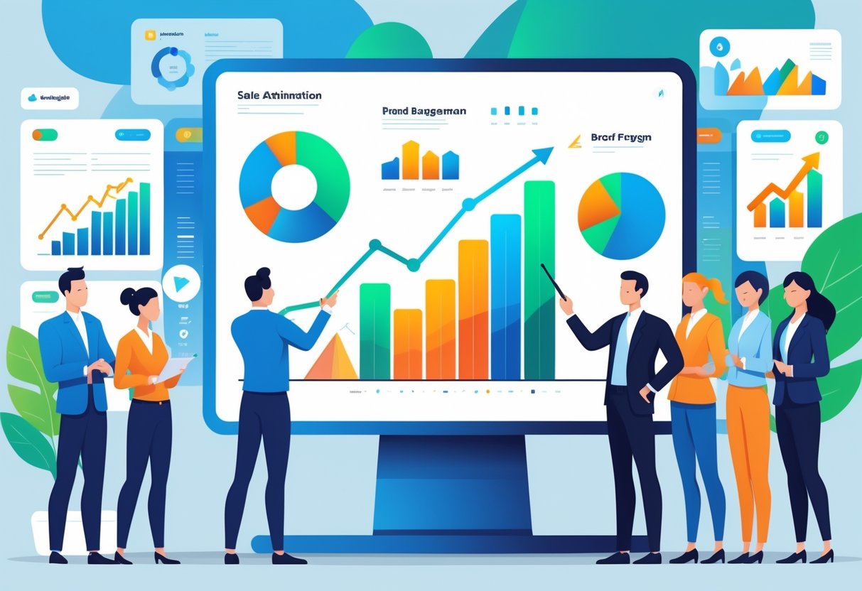 A group of business professionals in an office reviewing animated sales charts on a large digital screen.