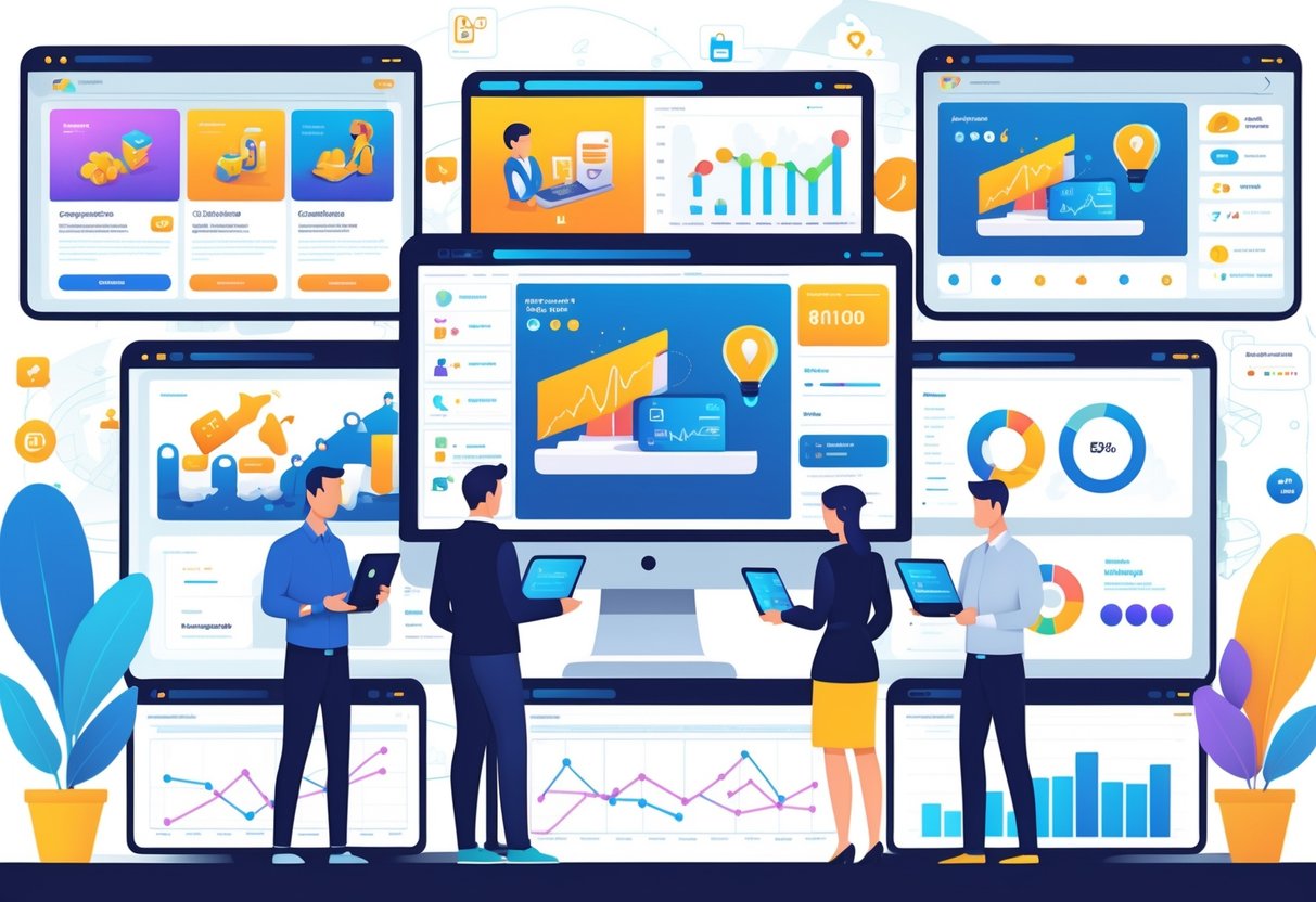 A team of professionals analysing animated sales data across multiple digital screens representing different sales channels.
