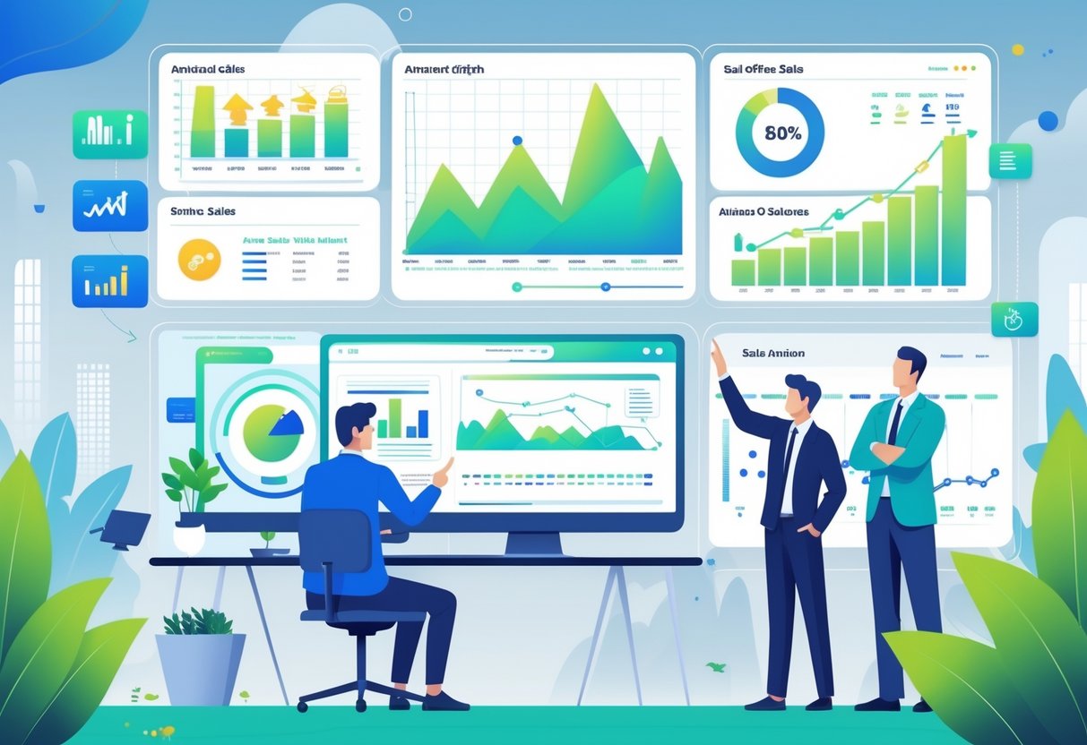 A team in an office analysing animated sales data on digital screens, with an animator working on a computer and a sales analyst pointing at a rising graph.
