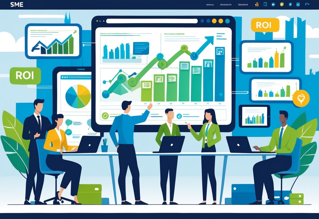 Business professionals collaborating in an office with digital screens showing animated charts and content, representing animation strategies for small UK businesses.