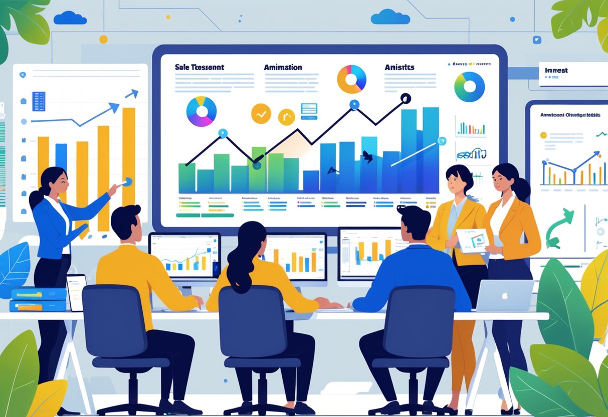 A group of professionals analysing sales data with animated charts and graphs on a large screen in an office setting.