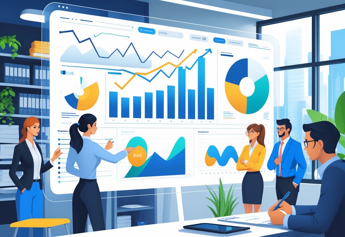 A team of business professionals in an office discussing animated sales charts displayed on a large digital screen.