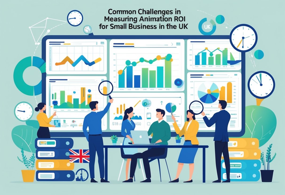 A group of small business people in an office analysing charts and graphs with symbols of data, time, and ideas, with subtle UK elements in the background.