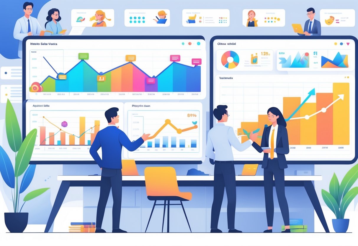 A group of professionals in an office analysing animated sales graphs and charts on digital screens, discussing data and insights together.