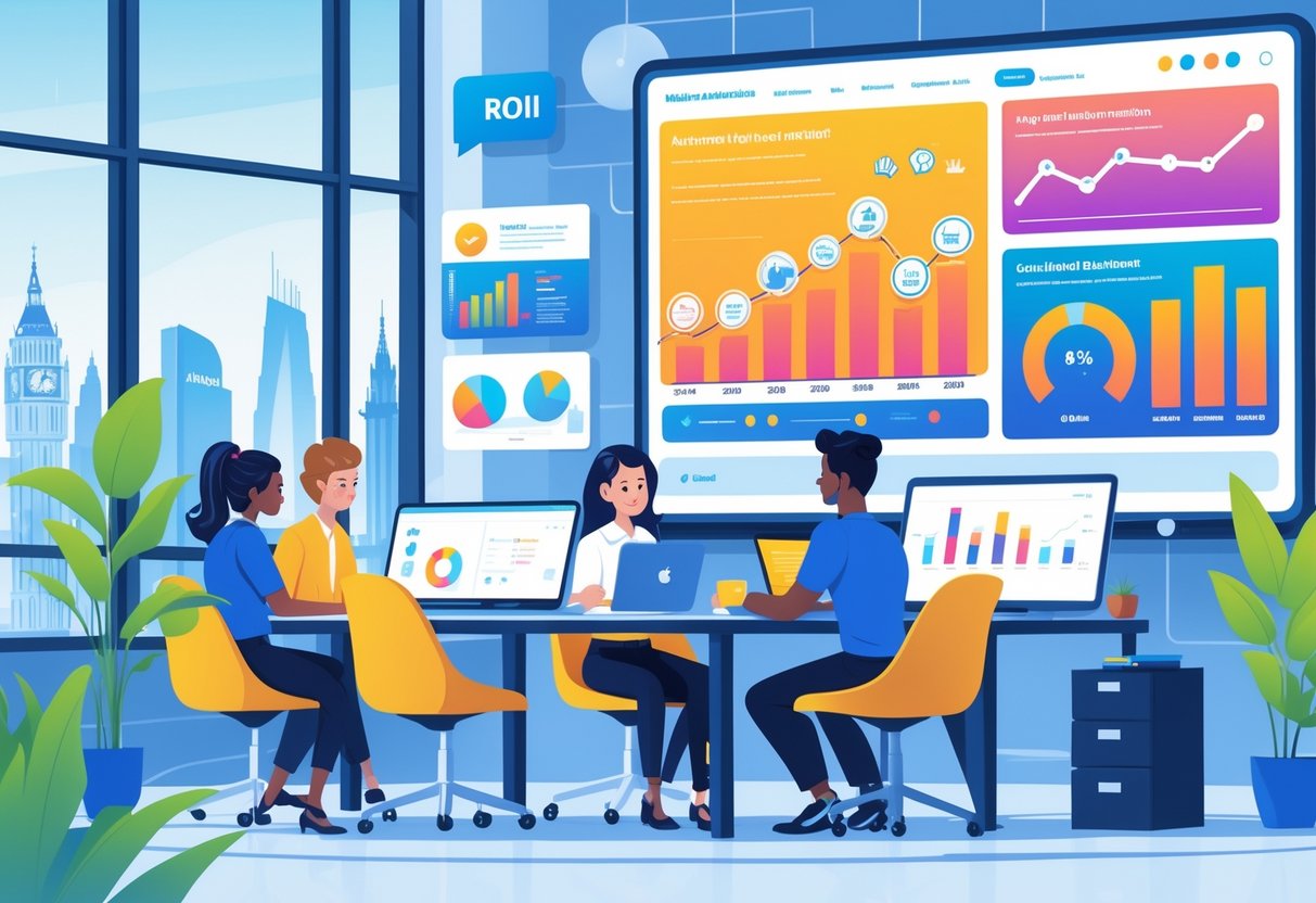 Small business team in a modern office reviewing animated charts and graphs showing financial growth on digital screens.