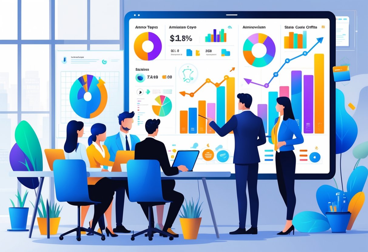A group of professionals in an office analysing animated sales data on a large digital screen during a meeting.