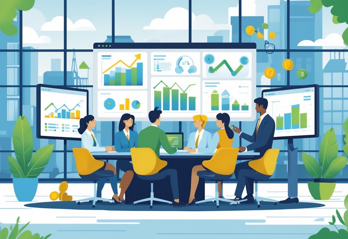 A group of business professionals working together in an office with digital screens showing animated charts and graphics, with a city view featuring British architecture in the background.