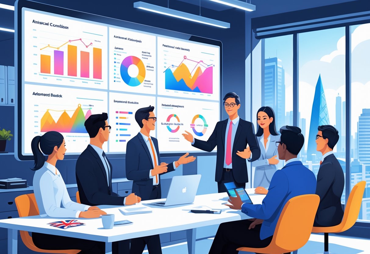 A group of business professionals in a meeting room watching animated charts and graphs on a large screen during a pitch presentation.