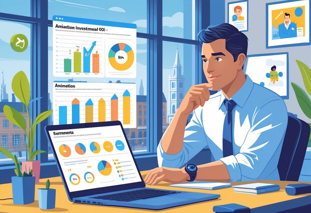 A small business owner in an office looking at a laptop showing colourful charts and graphs about animation returns, with a city view outside the window.