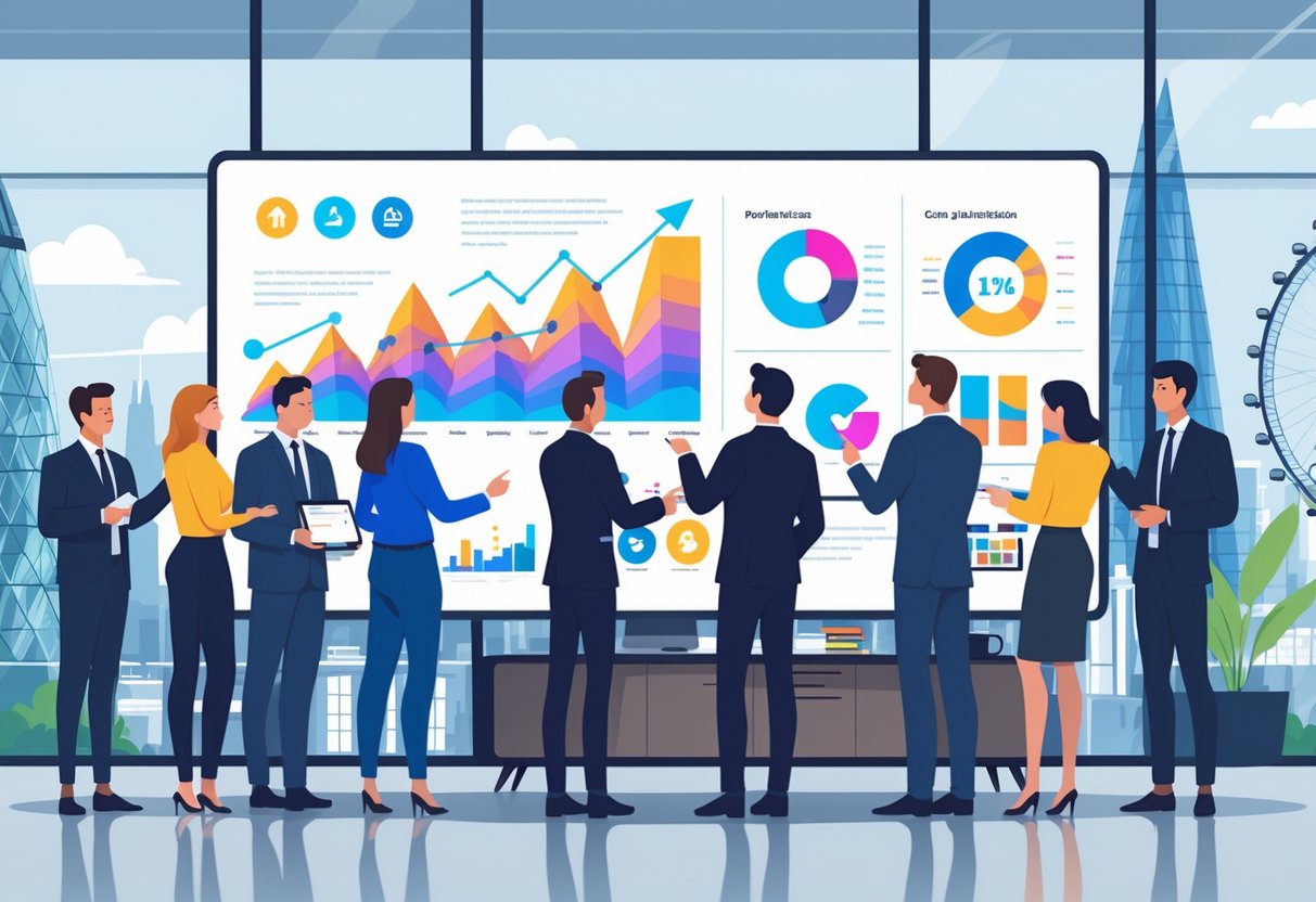 A group of business professionals in an office discussing animated charts and graphs on a large digital screen with a view of London landmarks in the background.