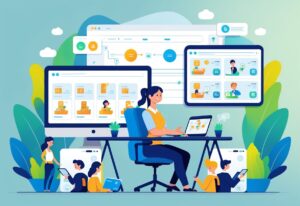 A customer support agent at a desk with customers using animated tutorials on their devices to solve issues independently.