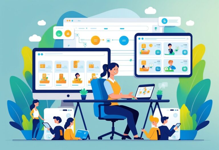 A customer support agent at a desk with customers using animated tutorials on their devices to solve issues independently.