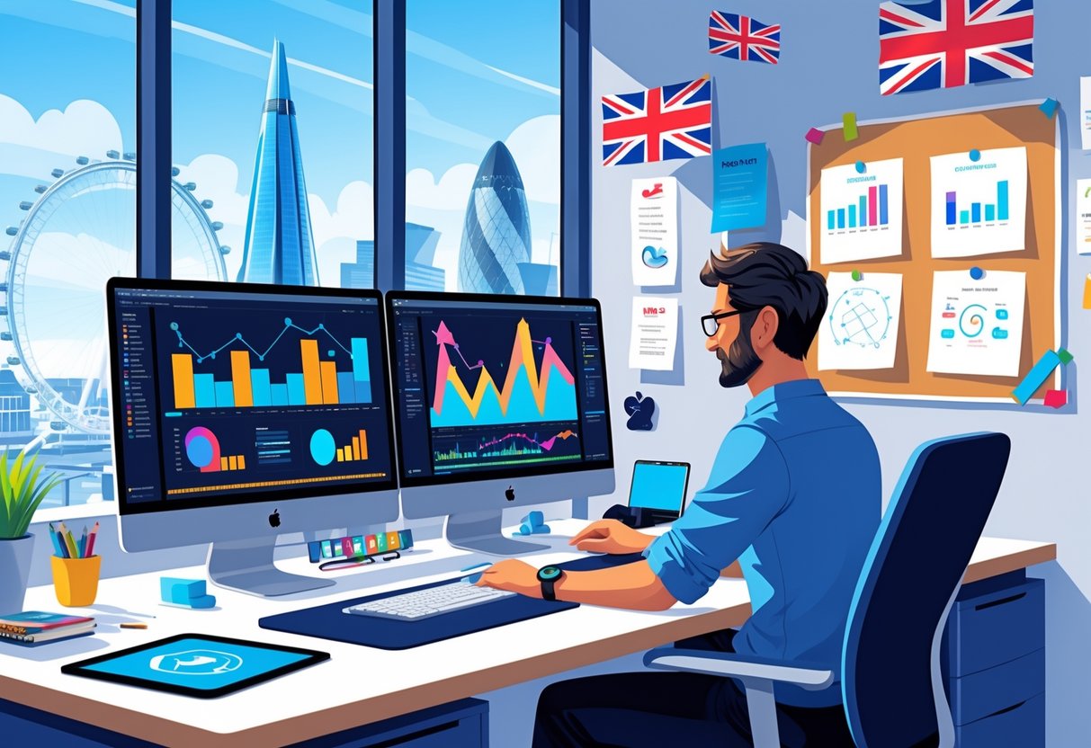 A person working at a desk with dual monitors showing animated charts and graphs, editing a video presentation in an office with a view of London landmarks.