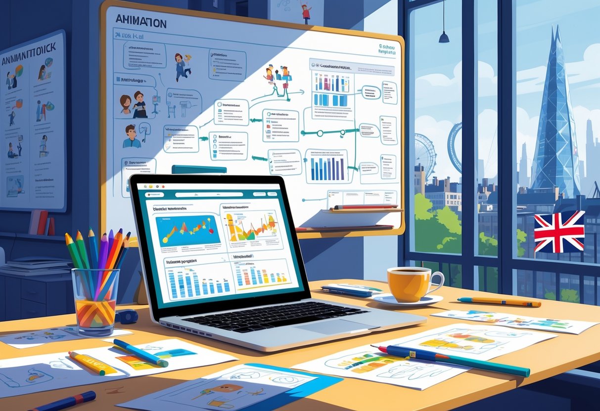 A creative workspace with a laptop showing animation storyboards, notes, and a whiteboard with sketches, set against a window view of London landmarks.