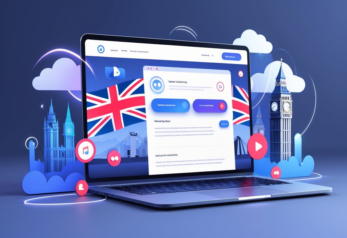 A laptop showing a landing page with animated icons and UK landmarks in the background.