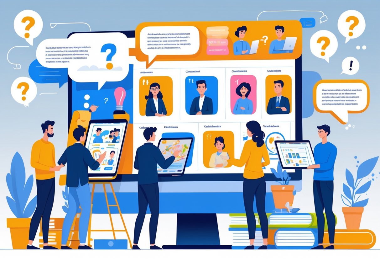 A team of people working together in an office, creating animated content to help answer customer questions.