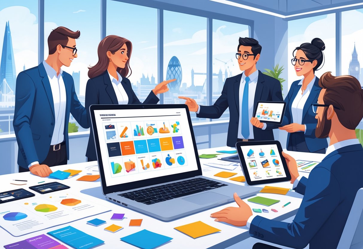 A group of professionals discussing animation styles around a desk with a laptop and sketches, with a view of London landmarks outside the window.