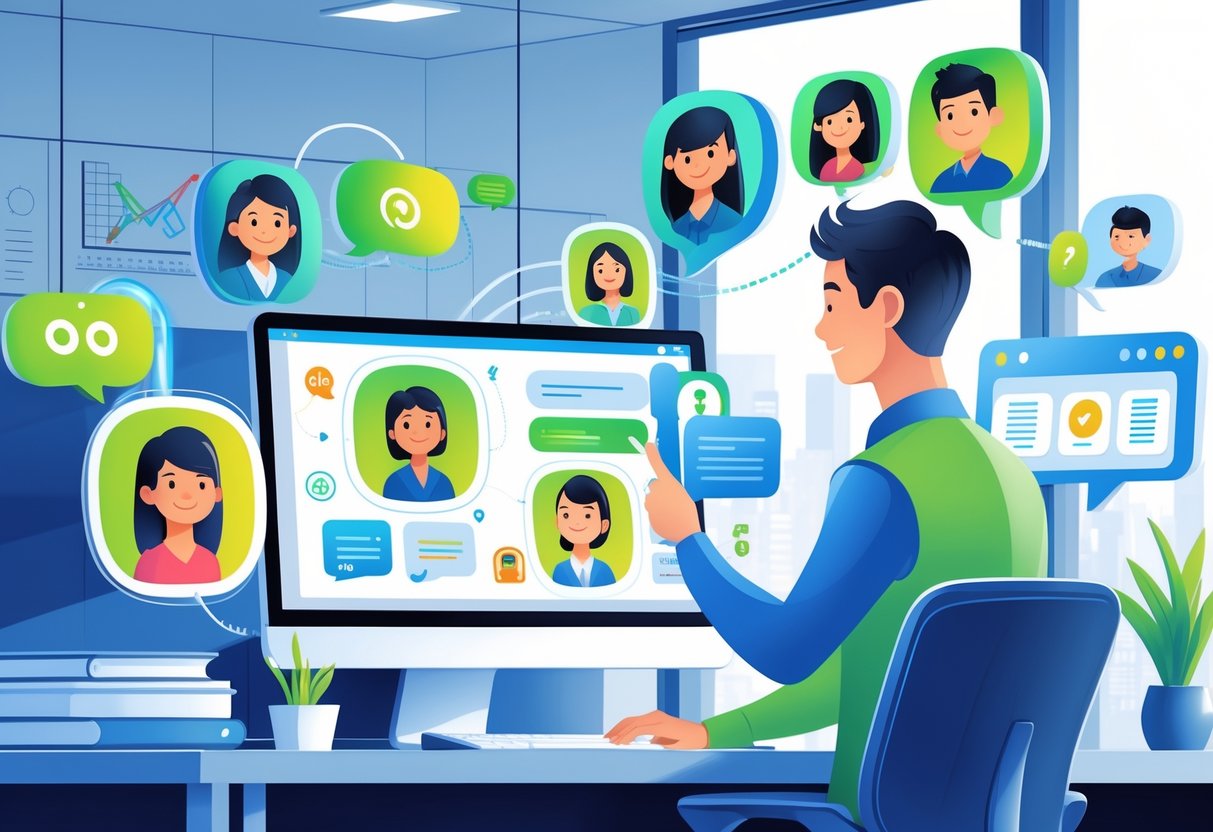 A customer support agent working at a computer with animated characters and icons flowing towards customers, illustrating the use of animation to reduce repeat support queries.