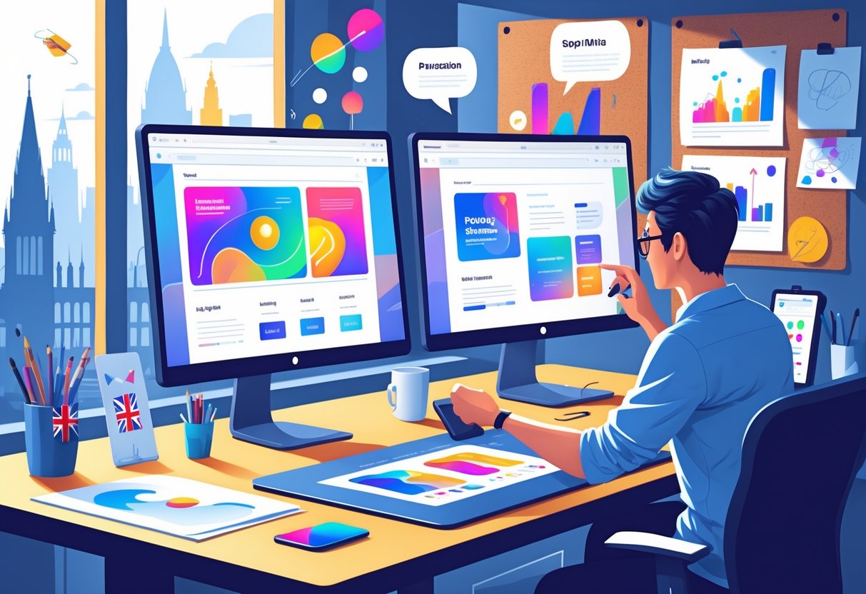 A designer working at a desk with computer screens showing animated landing page designs, surrounded by sketches and storyboards, with a British flag mug and London landmarks in the background.