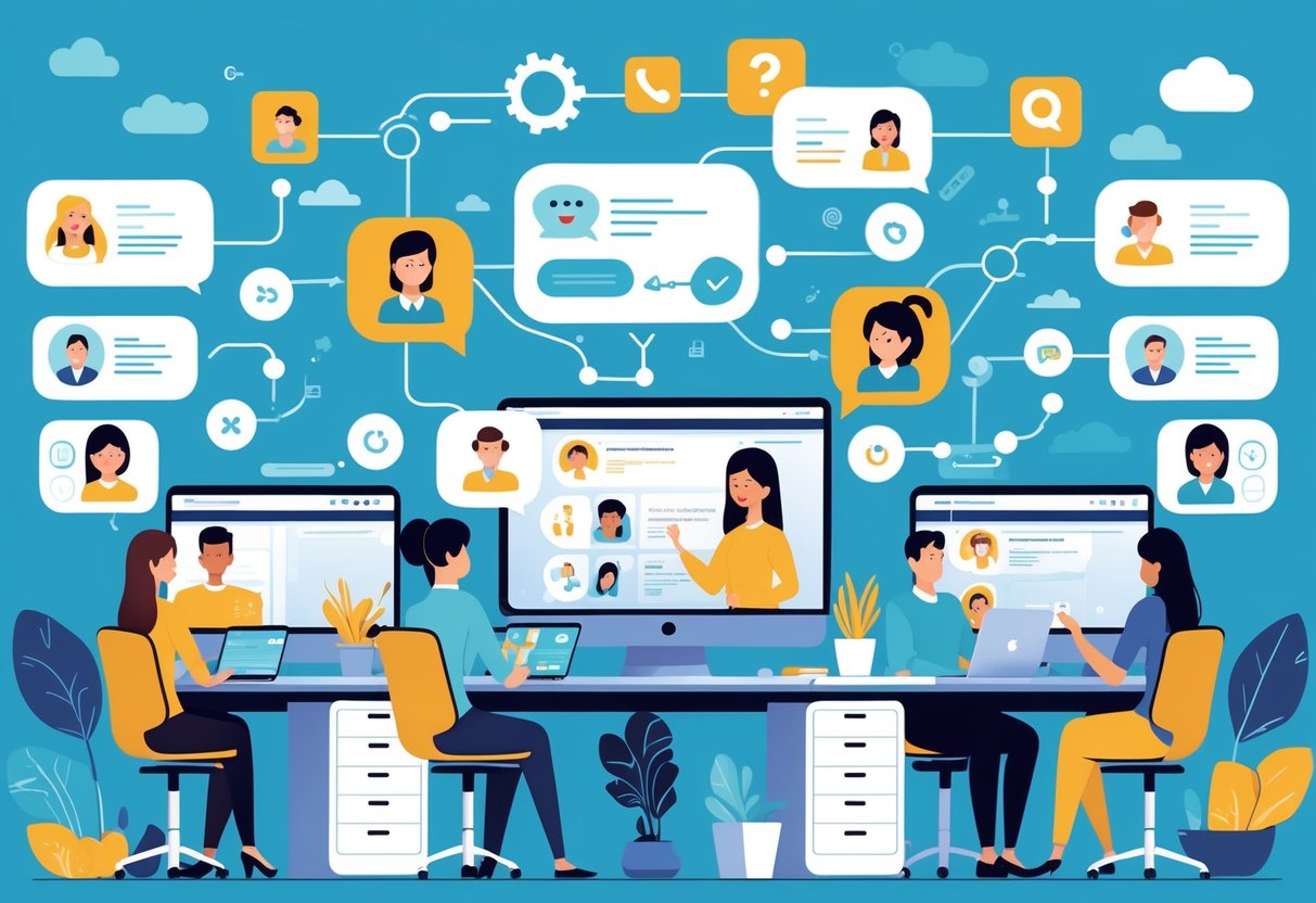 A customer support centre where agents use animated visuals on screens to assist customers and reduce queries.