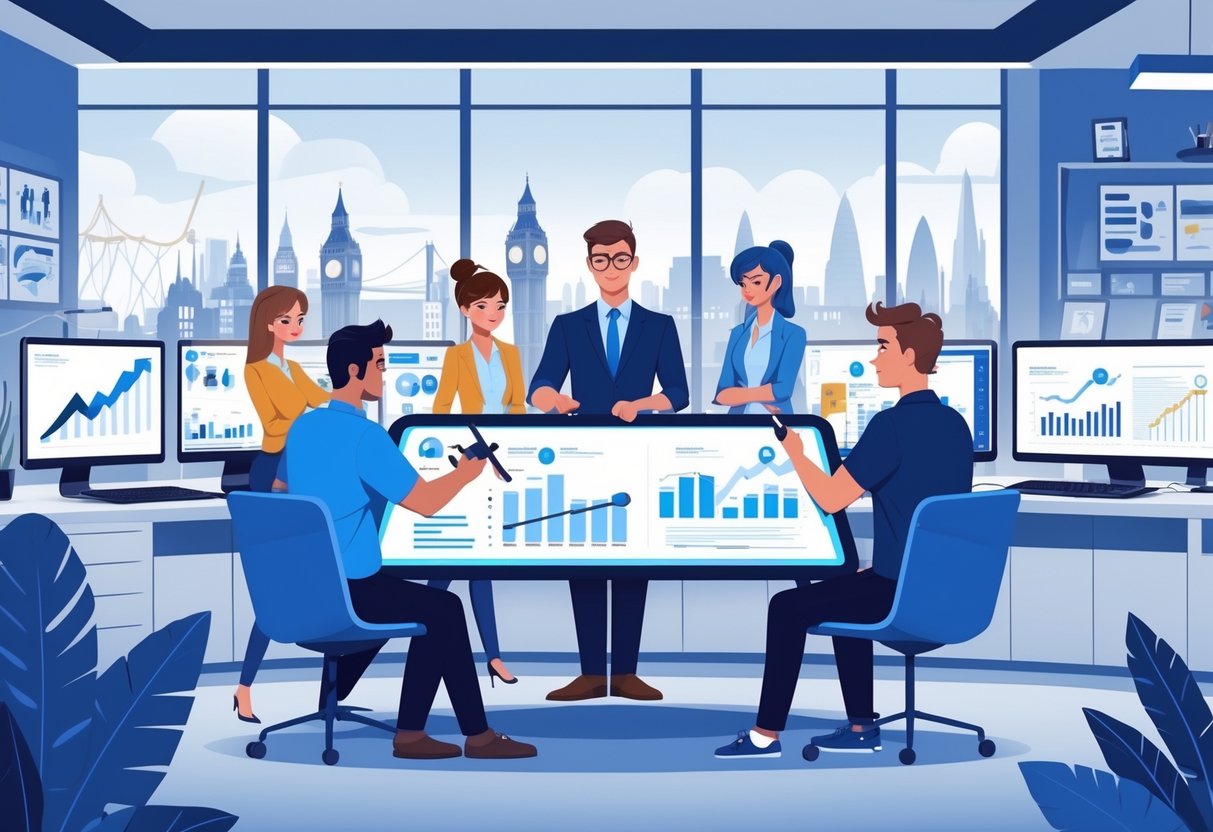 A team of professionals working together on animated pitch deck designs in a modern office with a view of London landmarks.